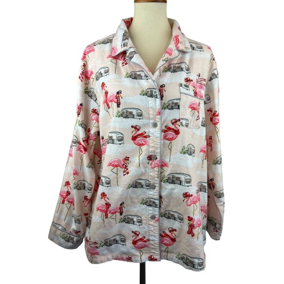 Nick & Nora XXL Flannel Long Sleeve Pajama Top Flamingo Camper Button Front - Picture 1 of 9